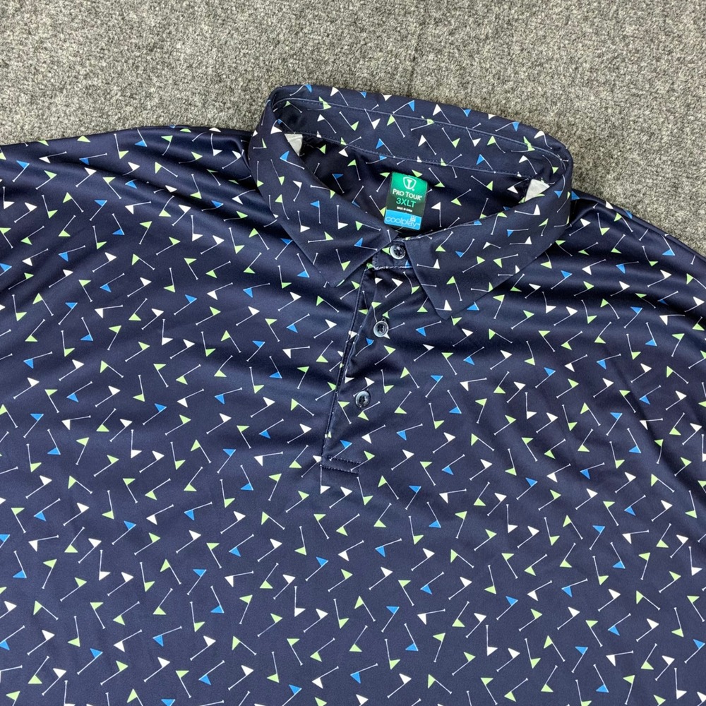 Pro Tour Coolplay Mens 3XLT Navy Blue Golf Flag Print Short Sleeve Polo Shirt